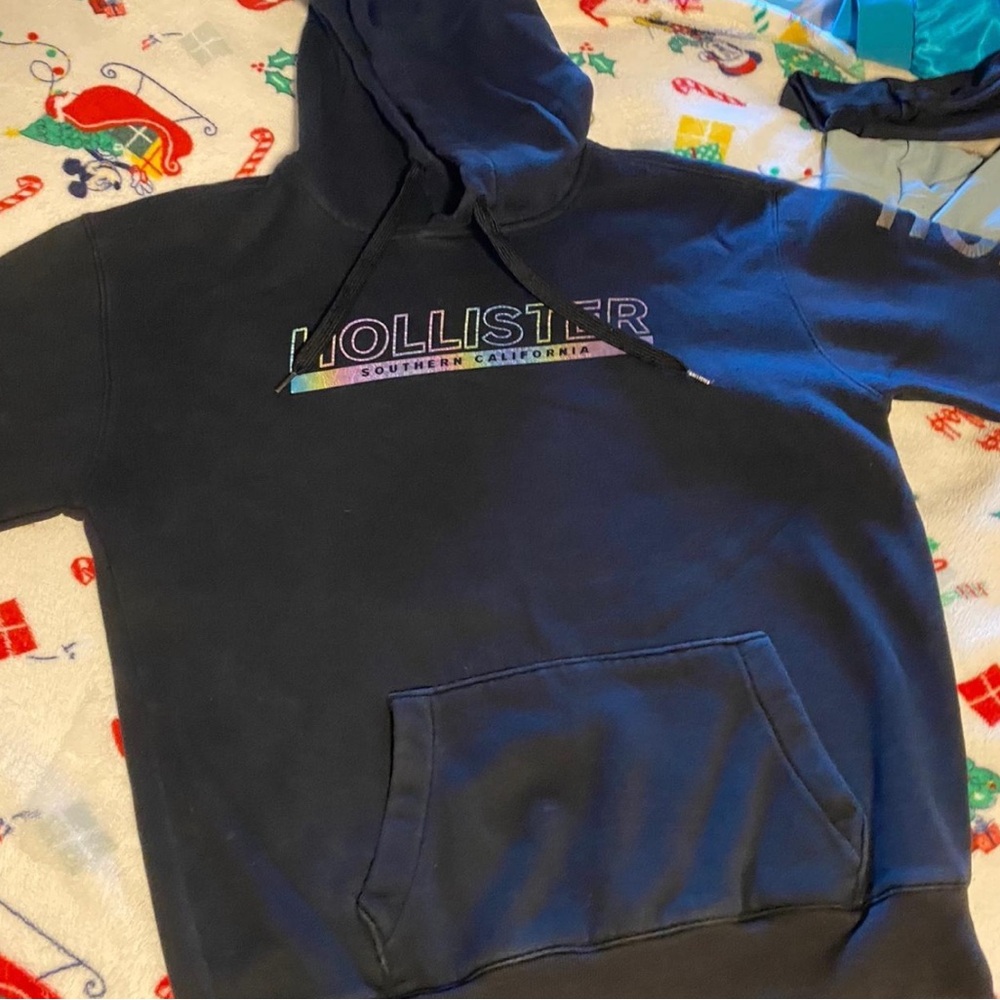 Hollister Black Hoodie with Iridescent Rainbow Logo